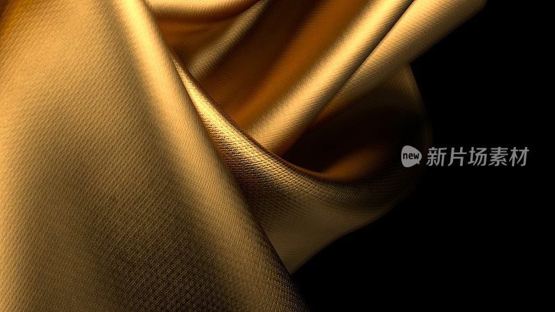金色扭曲织物，景深浅。详细的丝绸折叠布。3 d演示呈现